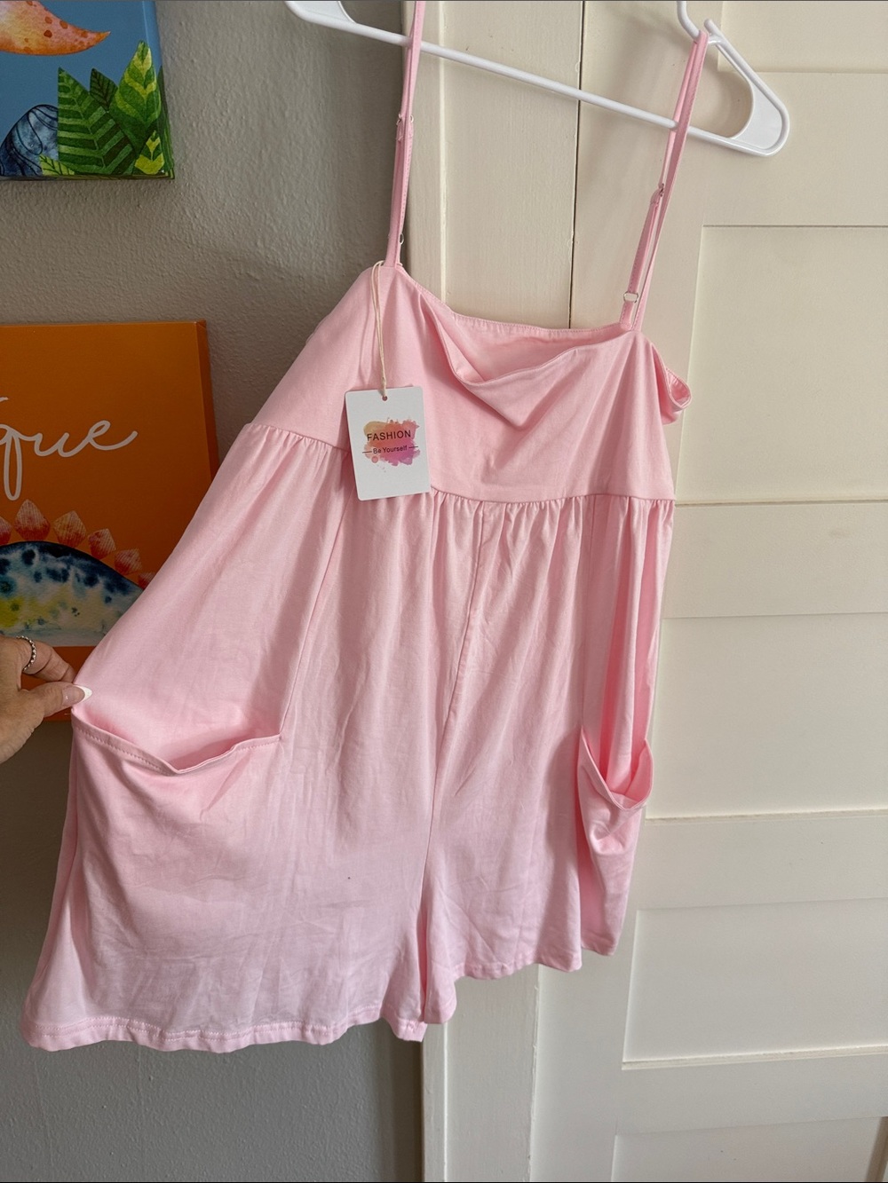 Soft Pink Spaghetti Strap Sleep Romper with Pockets